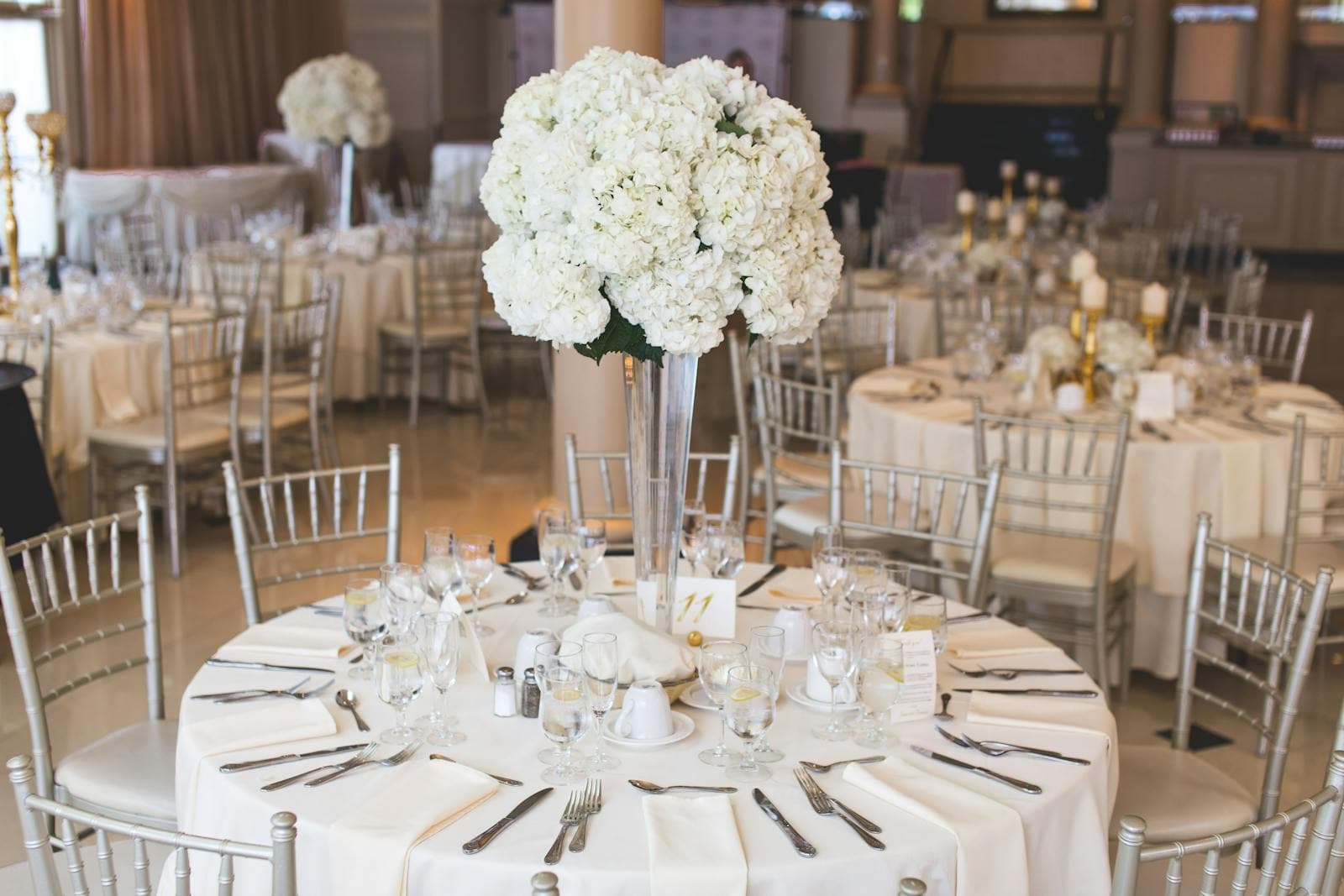 Elegant banquet setup with hydrangeas and silver chairs